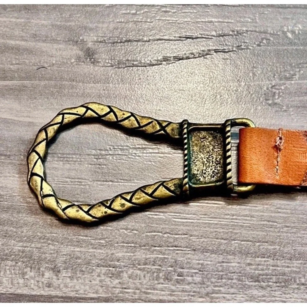 Chicos Italian Leather Brass Tone Waist Belt Size M/L Adjustable Hook Gemstones‎